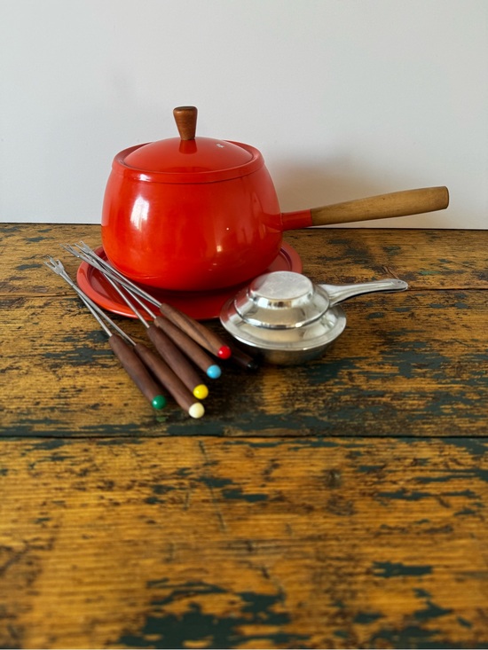 Other - Orange Enamel Chocolate Fondue Pot with Wooden Handle - Brand Unspecified
